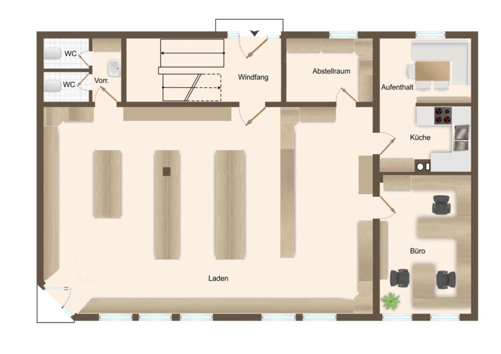 Grundrissbeispiel Laden mit Theke und abgetrennten Nebenräumen